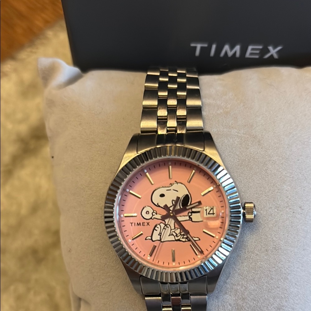 Timex Silver Watch with Pink Dial and Snoopy Design